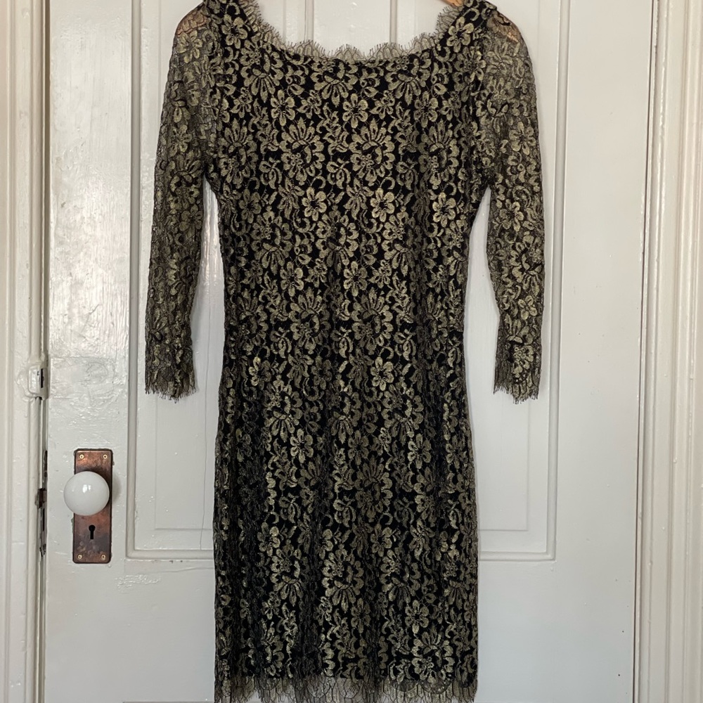 NWT Diane Von Furstenberg Zarita Black and Gold lace dress